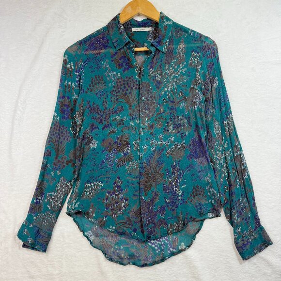Mes Demoiselles 36 S Floral Teal Blue Silk Top Sheer Romantic Cottage Fairy Boho - Picture 1 of 8